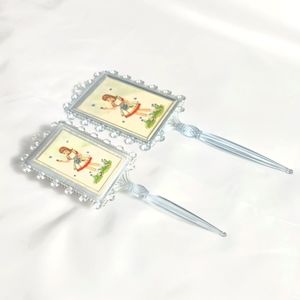 Vintage Children's Clear Blue Plastic Hand Mirror and Brush Set - Little Girl